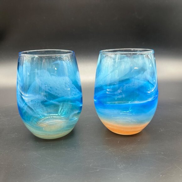 Stemless Wine Glasses Abstract Beach Blue Sandy Brown Nautical Cups Tumblers - Picture 3 of 8
